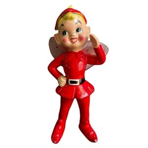 Vintage Pixie Elf Figurine Statue Kreiss Red Holiday Christmas Decor Fairy 7.5"